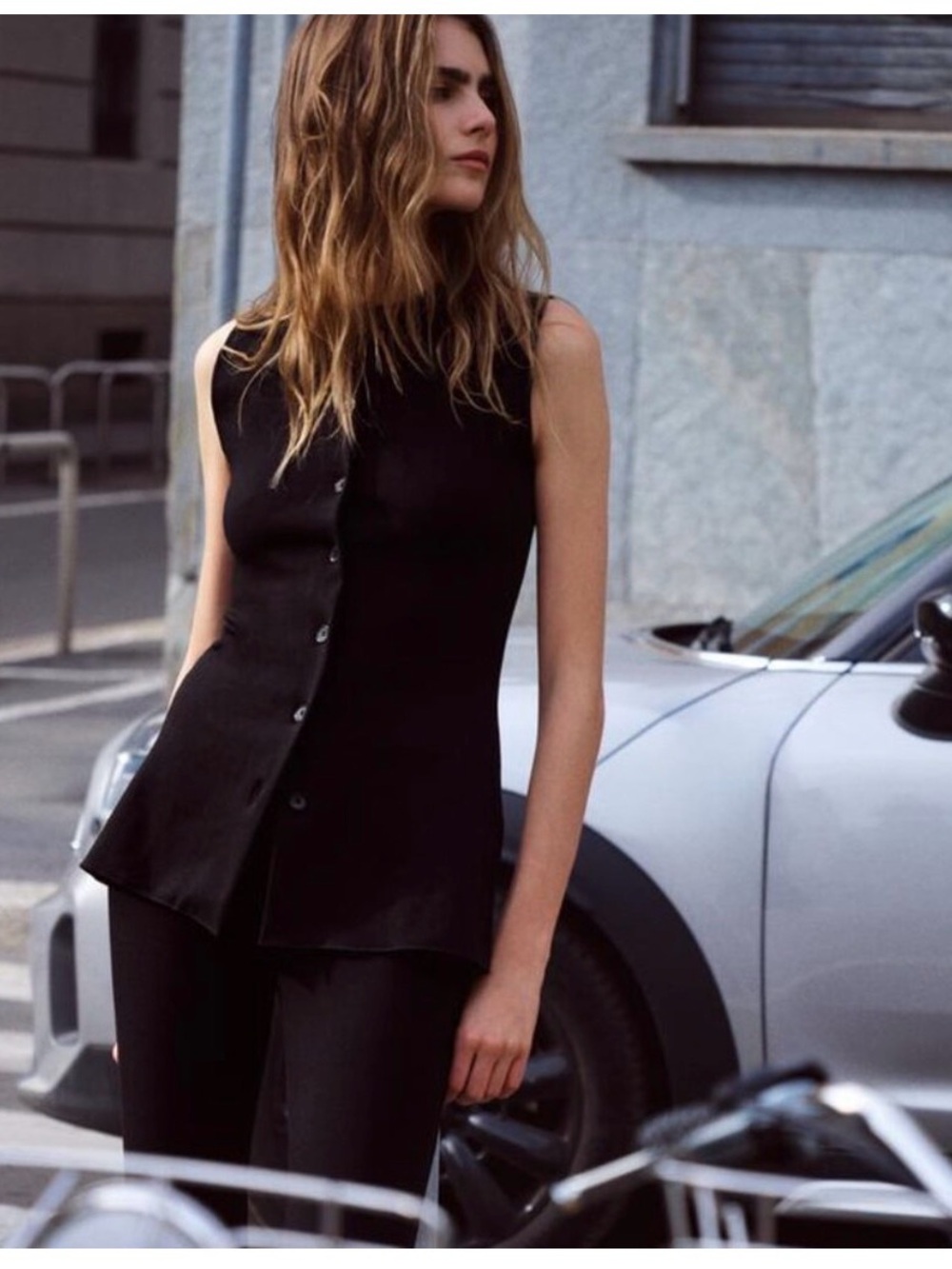 Zara Black Button Down Stretch Vest Tank